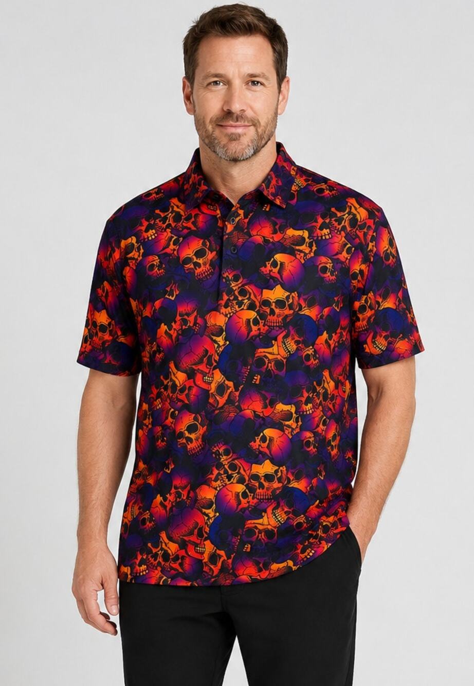Obnoxious Golf Neon Skull Polo Shirt Mens Size 3XL Tall Orange Purple Halloween